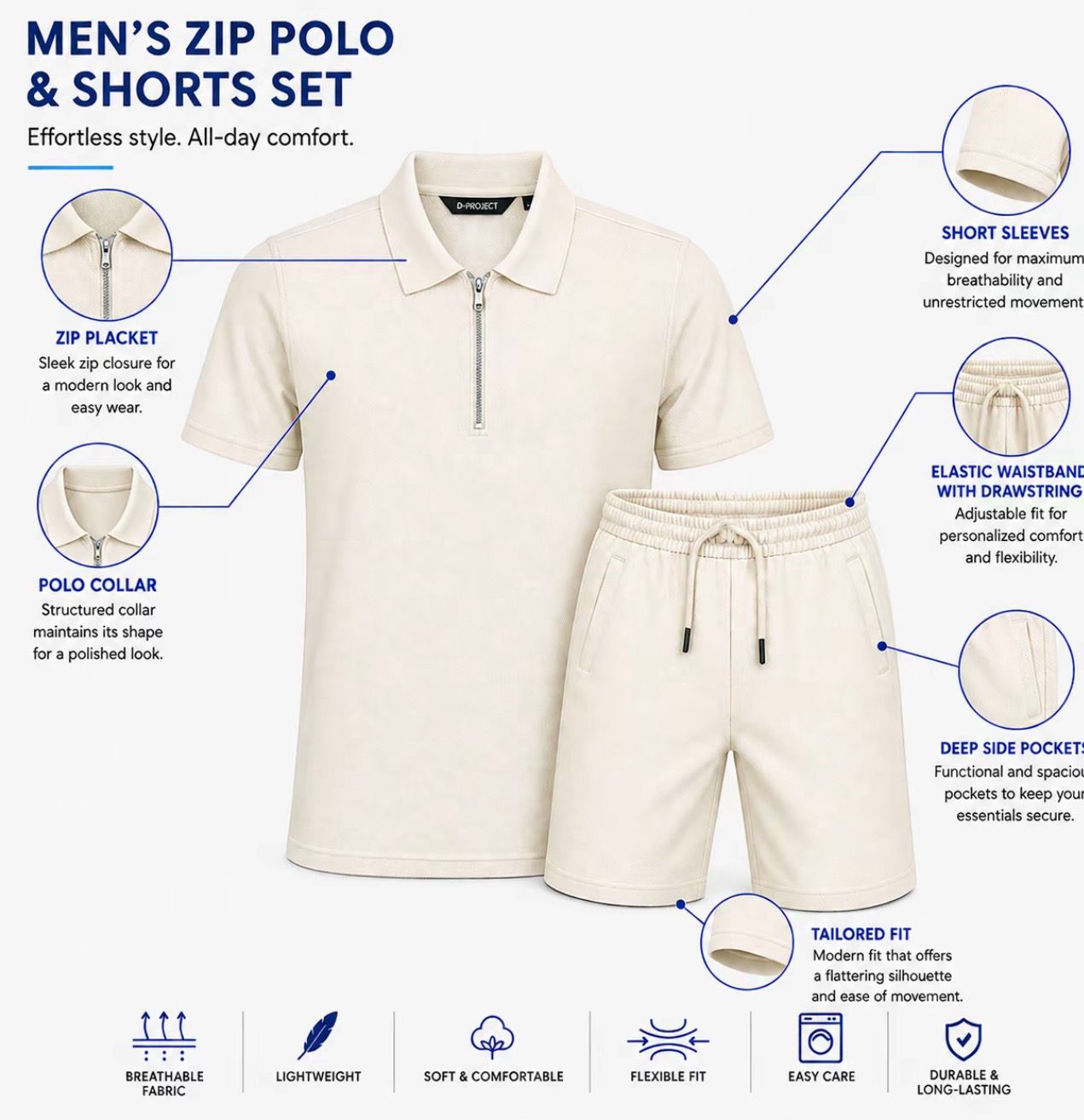 Men’s Half Zip Polo Shirt & Shorts Set