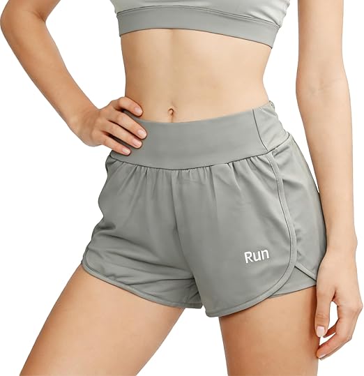 Running Shorts Womens with ONE Side Pocket, Double Layer Quick Drying Stretch Women&