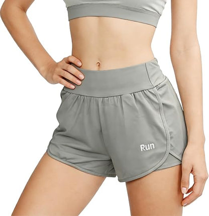 Running Shorts Womens with ONE Side Pocket, Double Layer Quick Drying Stretch Women&