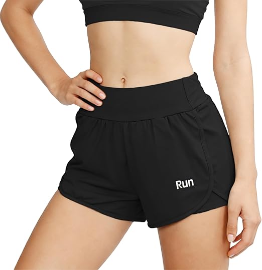 Running Shorts Womens with ONE Side Pocket, Double Layer Quick Drying Stretch Women&