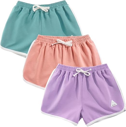 Rolanko Girls Sports Shorts, Cotton Summer Contrast Binding Dolphin Short Pants, Kids Athletic Gym Wear for Running and Dancing, 3 Packs