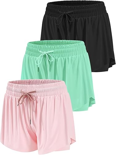 3 Pack Girls Butterfly Shorts Athletic 2-in-1 Running Shorts for Girls Teen with Pockets Colourful Summer Sports Shorts Built-in Breathable Shorts