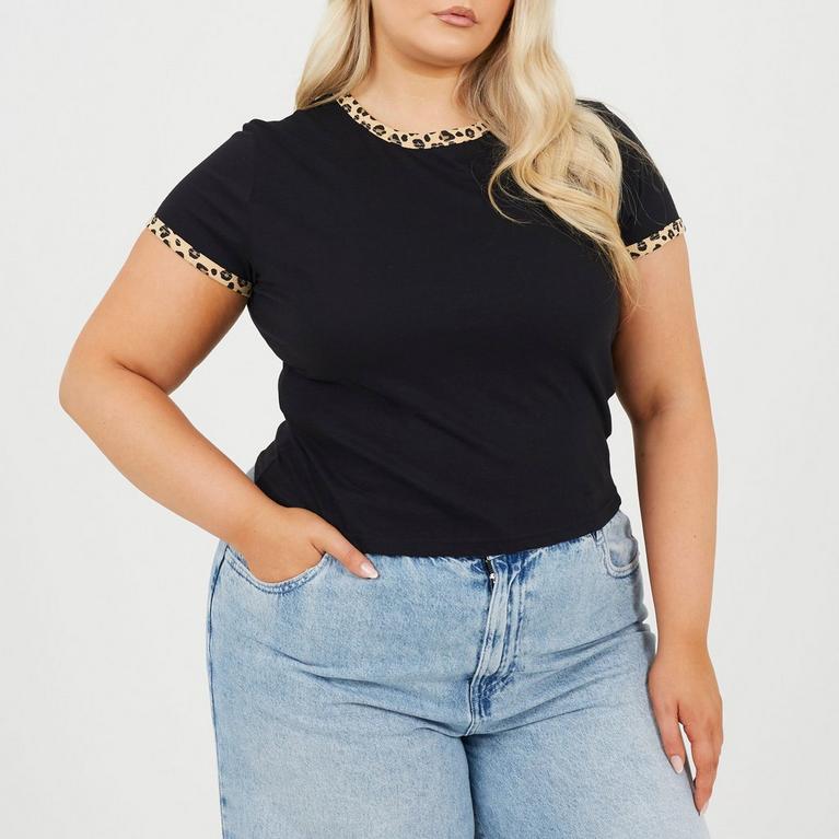 Brave Soul Plus Size Short Sleeve T-shit with Leopard Print Neck and Sleeve Rib