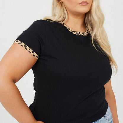 Brave Soul Plus Size Short Sleeve T-shit with Leopard Print Neck and Sleeve Rib