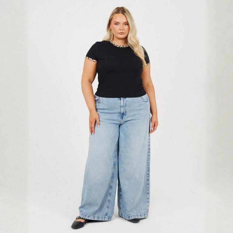 Brave Soul Plus Size Short Sleeve T-shit with Leopard Print Neck and Sleeve Rib