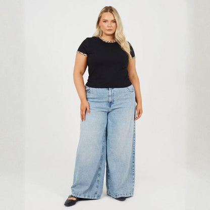 Brave Soul Plus Size Short Sleeve T-shit with Leopard Print Neck and Sleeve Rib