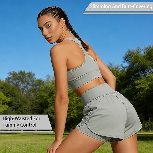 Running Shorts Womens with ONE Side Pocket, Double Layer Quick Drying Stretch Women&