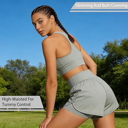 Running Shorts Womens with ONE Side Pocket, Double Layer Quick Drying Stretch Women&