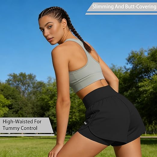 Running Shorts Womens with ONE Side Pocket, Double Layer Quick Drying Stretch Women&