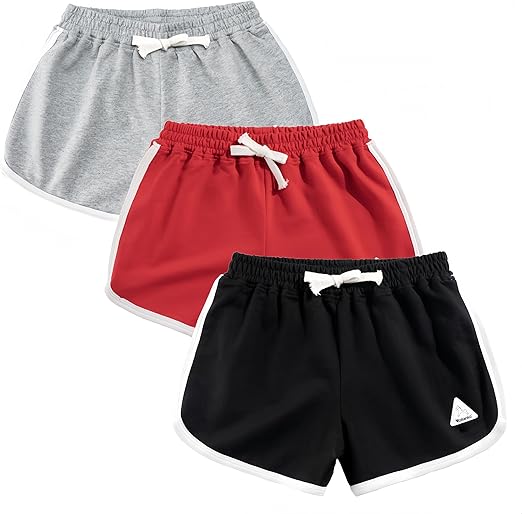 Rolanko Girls Sports Shorts, Cotton Summer Contrast Binding Dolphin Short Pants, Kids Athletic Gym Wear for Running and Dancing, 3 Packs