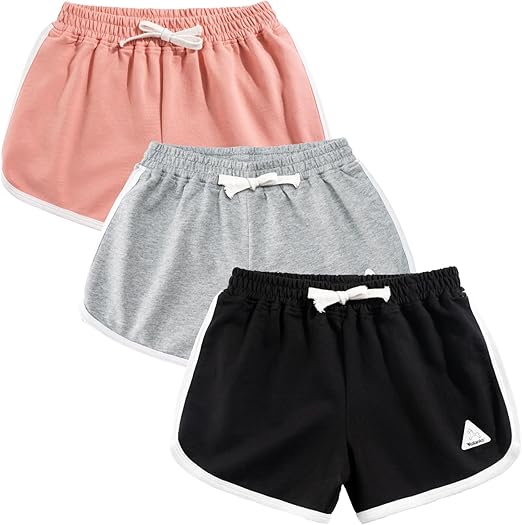 Rolanko Girls Sports Shorts, Cotton Summer Contrast Binding Dolphin Short Pants, Kids Athletic Gym Wear for Running and Dancing, 3 Packs