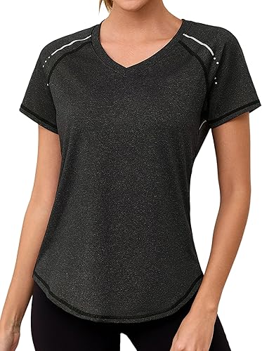 Gyabnw Women's V-Neck Gym T-Shirt Short Sleeve Sports Tops Quick Dry Workout Shirt with Reflective Strips for Running Yoga Fitness