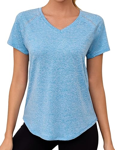 Gyabnw Women's V-Neck Gym T-Shirt Short Sleeve Sports Tops Quick Dry Workout Shirt with Reflective Strips for Running Yoga Fitness