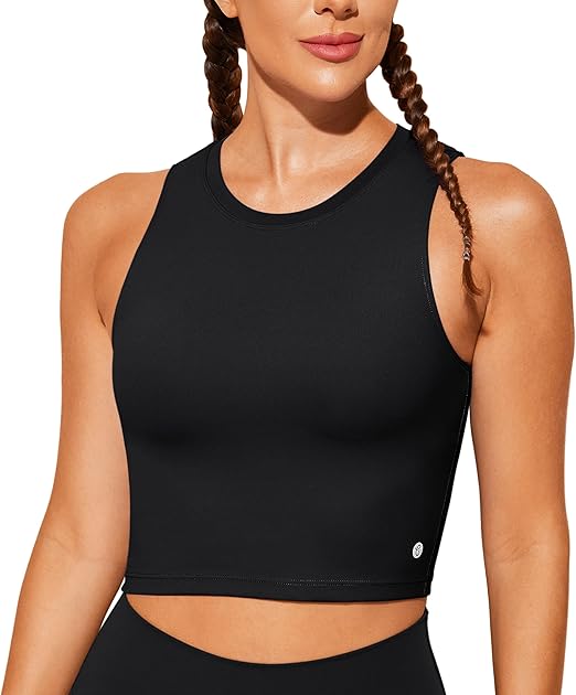 BAYDI Sports Bra Removable Padded Crop Tops High Neck Tank Tops with Built in Bra Longline Yoga Workout Top