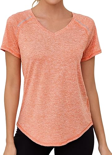 Gyabnw Women's V-Neck Gym T-Shirt Short Sleeve Sports Tops Quick Dry Workout Shirt with Reflective Strips for Running Yoga Fitness