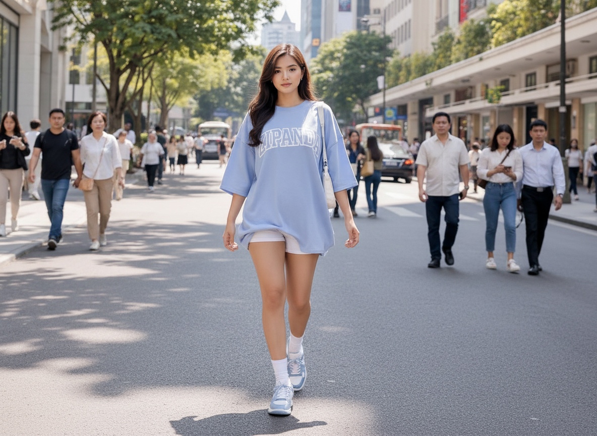 zipanda oversize T shirt blue Printed zipanda boxy and over shoulders