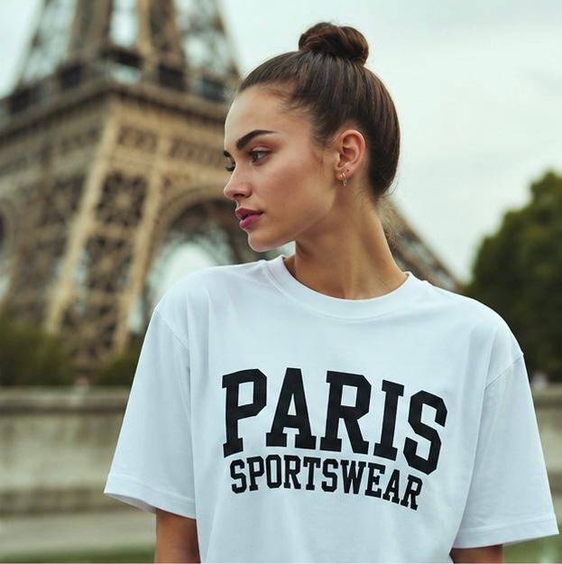 Paris Sportswear Logo Oversized T-Shirt for Women – Blue Casual Graphic Tee Women’s Paris Sportswear Graphic T-Shirt – Relaxed Fit Streetwear Top