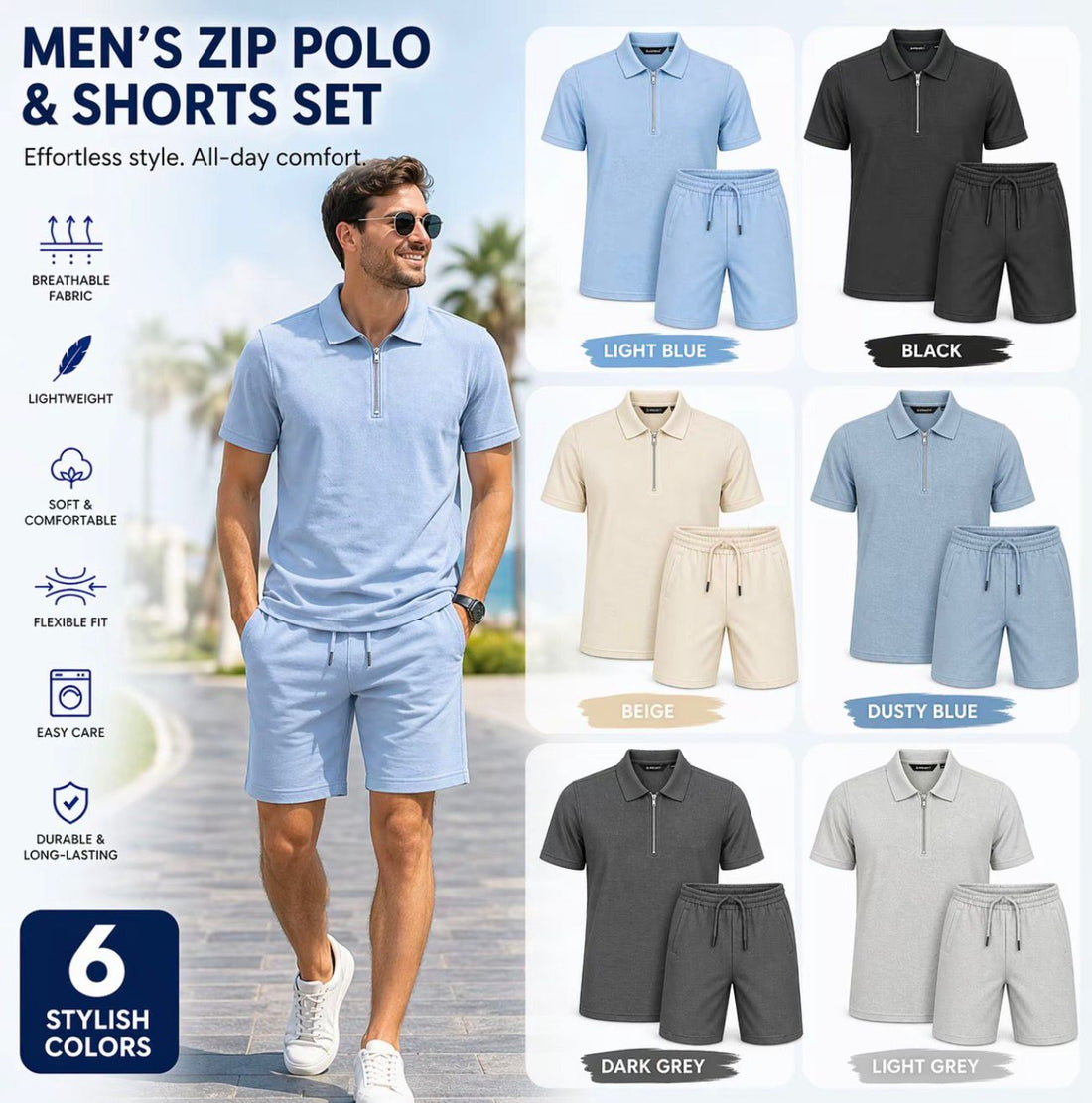 Men’s Half Zip Polo Shirt &amp; Shorts Set