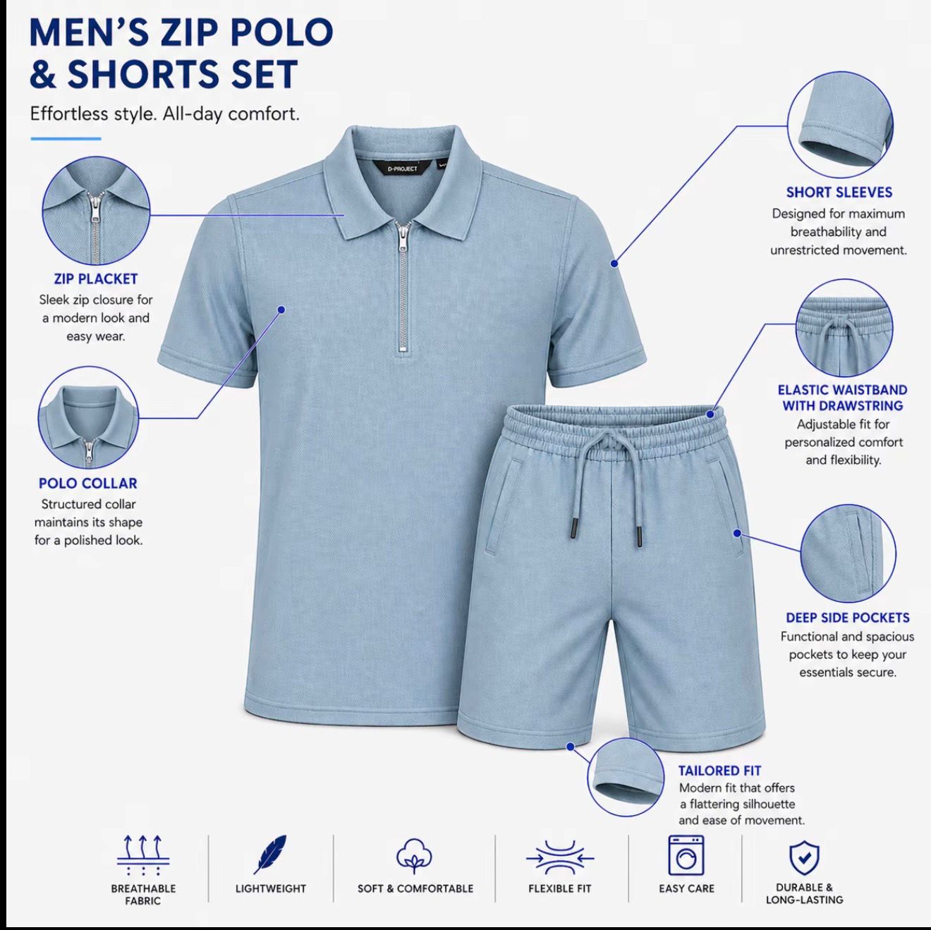 Men’s Half Zip Polo Shirt &amp; Shorts Set