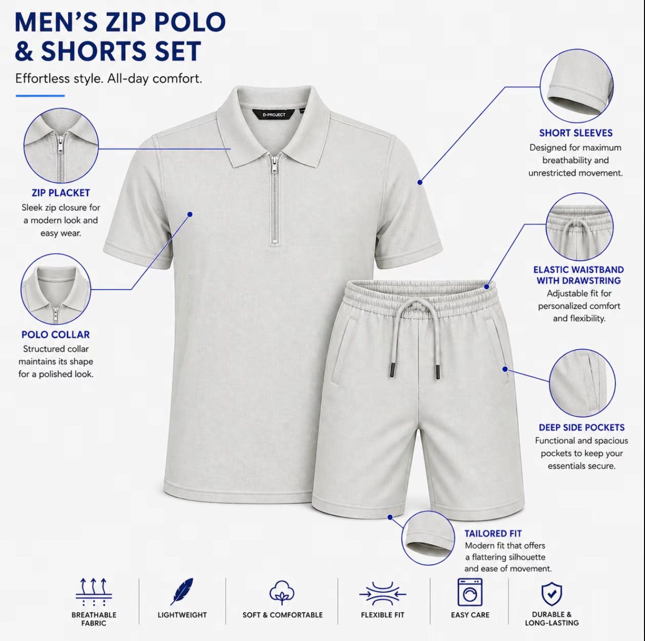 Men’s Half Zip Polo Shirt &amp; Shorts Set