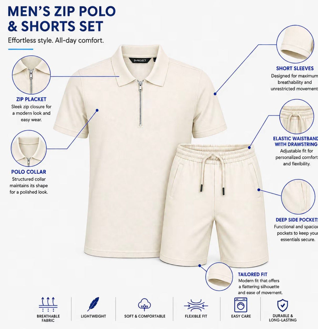 Men’s Half Zip Polo Shirt &amp; Shorts Set