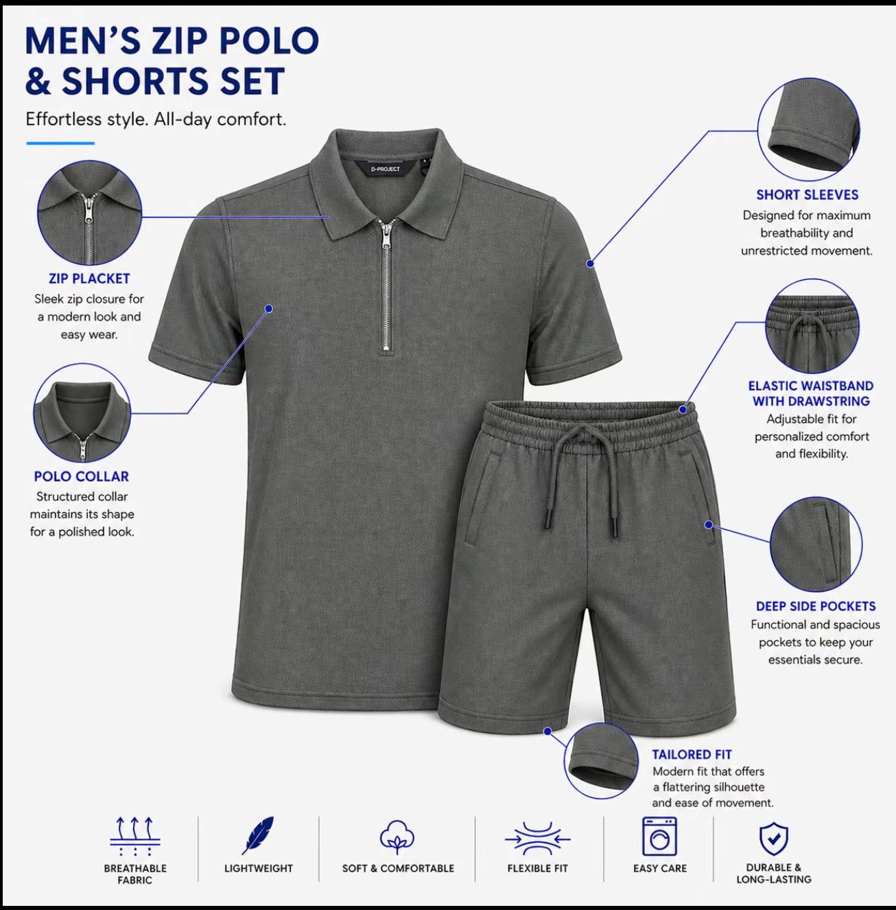Men’s Half Zip Polo Shirt &amp; Shorts Set