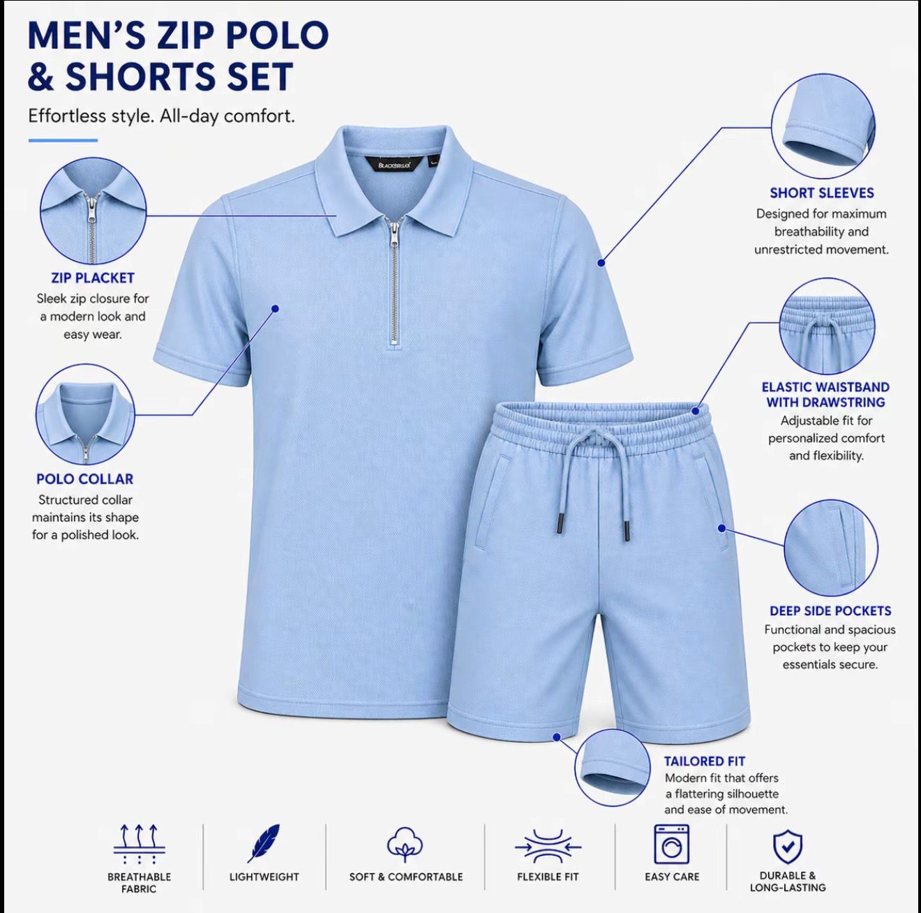 Men’s Half Zip Polo Shirt &amp; Shorts Set