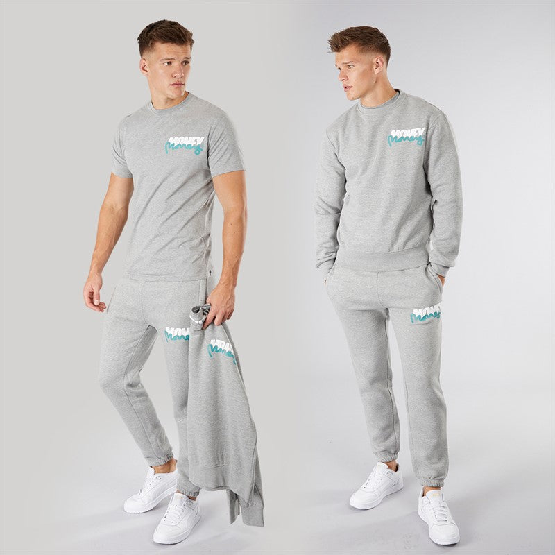 Money Mens Three Pack Crew Neck Tracksuit And T-Shirt Set Grey Melange